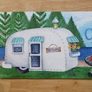 RV Entrance Mat Happy Camper & 2 New Camco Black Wrap Around RV Step Covers